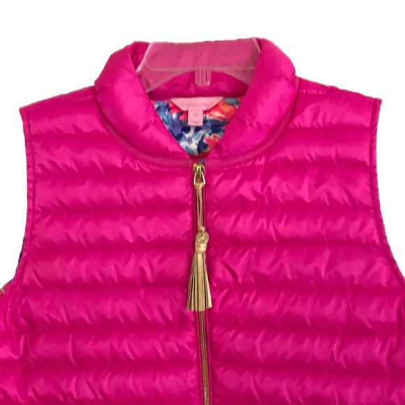 Lilly Pulitzer Cora Down Puffer Vest Womens Size S Pink Ruffle Tassel Zip Pull - Picture 4 of 14